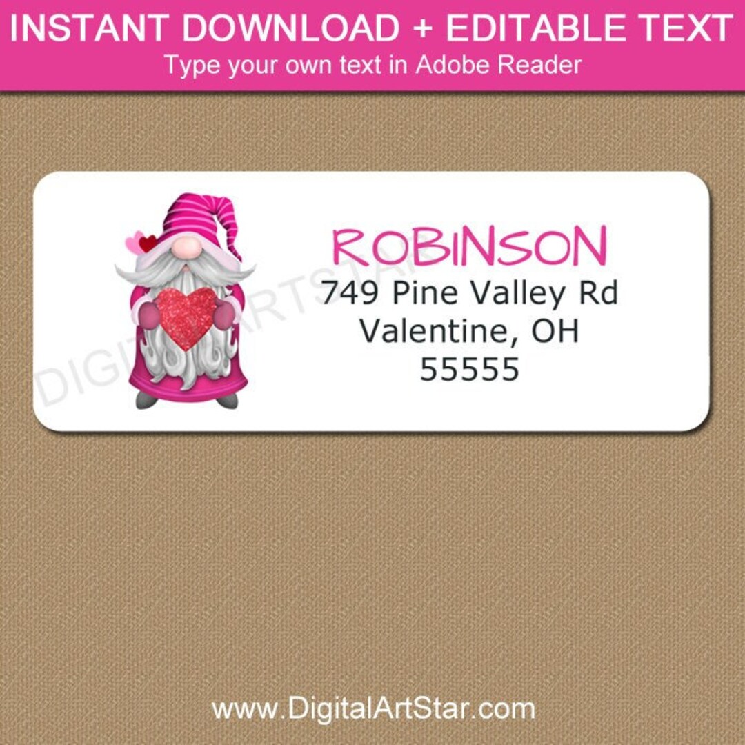 Gnome Valentine Address Label Template, Valentine's Day Return Address ...