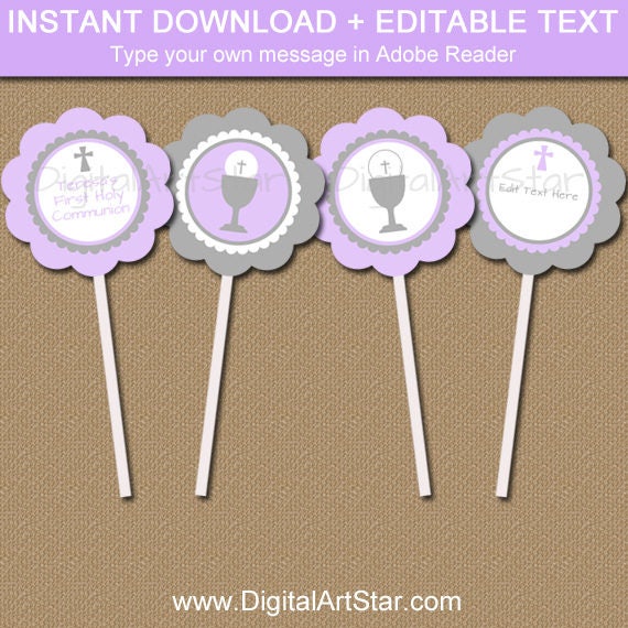 First Holy Communion Cupcake Toppers, Girl First Holy Communion Party Decorations, Lavender Gray Communion Cupcake Sticks, Communion Ideas Il_570xn