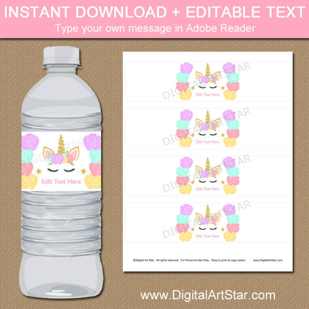 Unicorn Water Bottle Labels, Unicorn Water Bottle Stickers, Unicorn