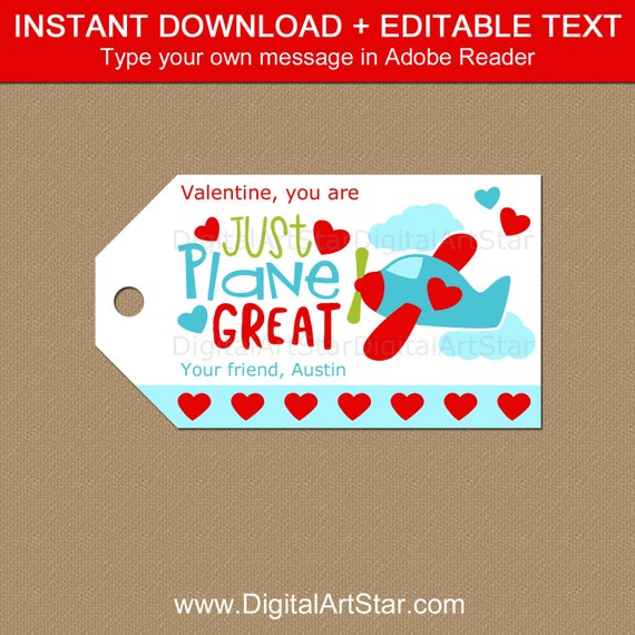 Airplane Valentine Tag Instant Printable Download, Plane Valentine Gift Tags for Kids, Valentine Hang Tags, Valentine Favor Tag Template Il_570xn