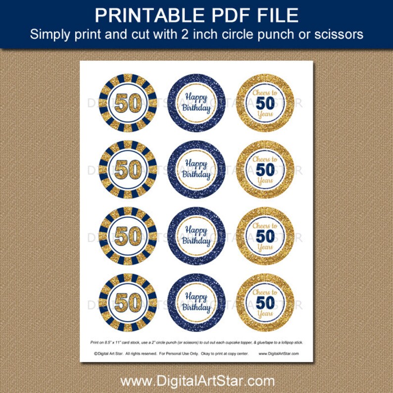 Printable 50th Birthday Cupcake Toppers Digital Download - Etsy