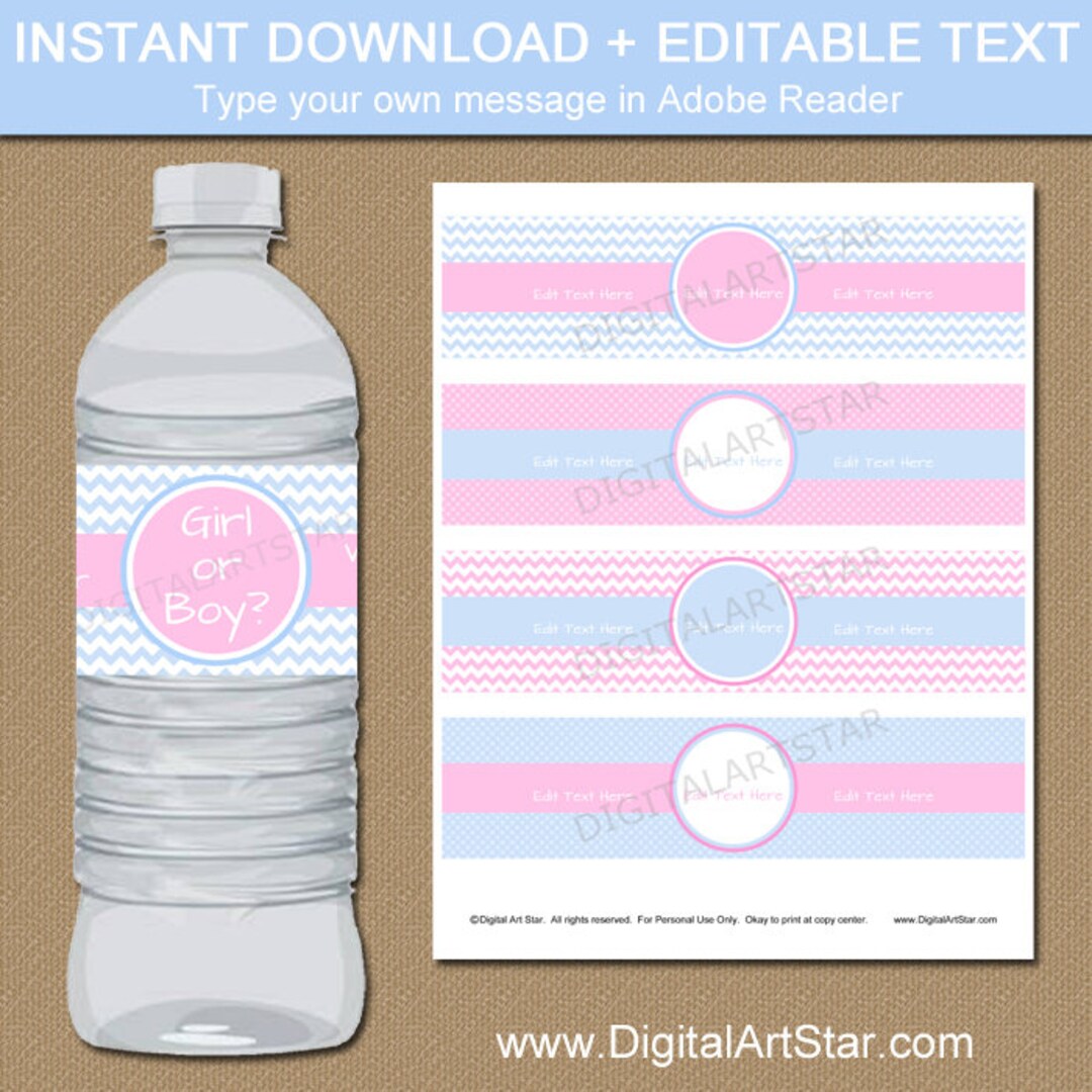 Gender Reveal Water Bottle Labels, Pink and Blue Party Decorations