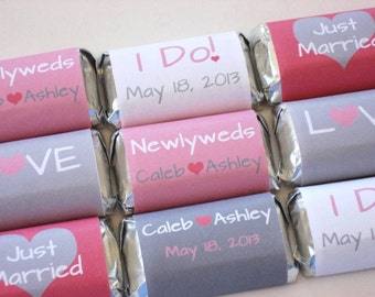 Personalized Candy Wrappers, PRINTABLE Wedding Favors, Pink and Gray Mini Candy Wrappers, Wedding Ideas, Just Married Favors CUSTOM COLORS