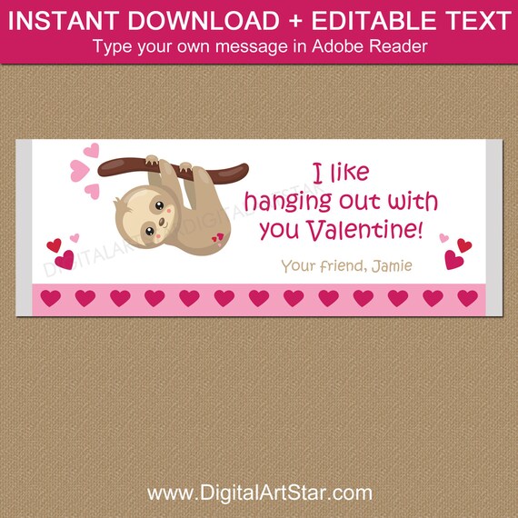 Valentine Candy Wrapper Template, Sloth Party Favors, Valentine Favors for Preschoolers, Candy Bar Printable Editable Chocolate Wrapper Il_570xn