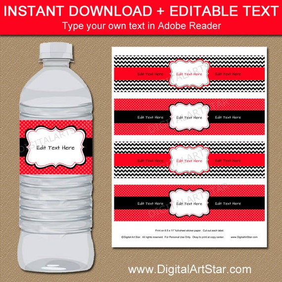 Birthday Water Bottle Label Template Red and Black Party Decorations Printable Water Bottle