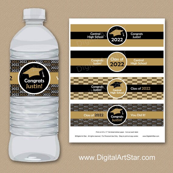 black and gold graduation party decorations graduation water bottle labels instant download 2022 graduation printable downloadable g1 by digital art star catch my party