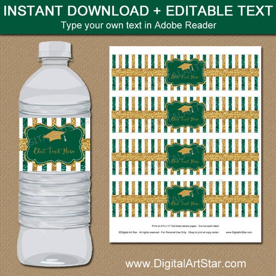 Hunter Green and Gold Graduation Water Bottle Labels 2023, Graduation Decorations 2023, High