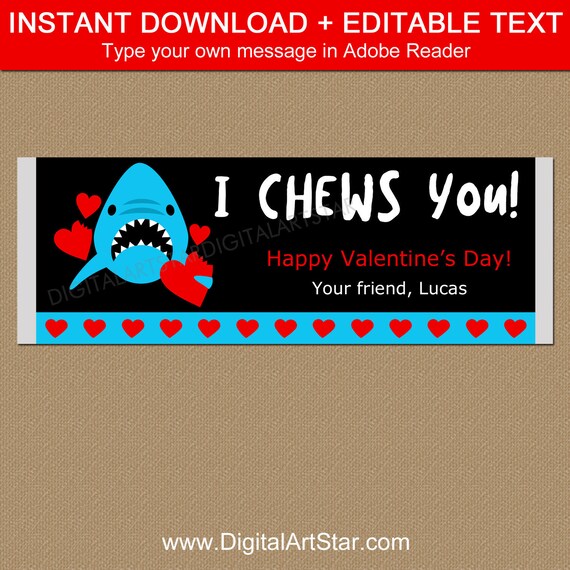 Candy Bar Wrappers for Valentines Day, Shark Valentine Printable Kids, Valentine Candy Bar Template, Chocolate Bar Labels, Favors for Boys Il_570xn