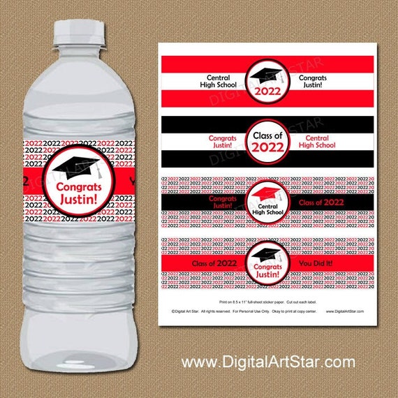 2022 Graduation Party Decorations - Graduation Water Bottle Labels PRINTABLE - Red Black White Graduation Party Favors for Guests G1 Il_570xn