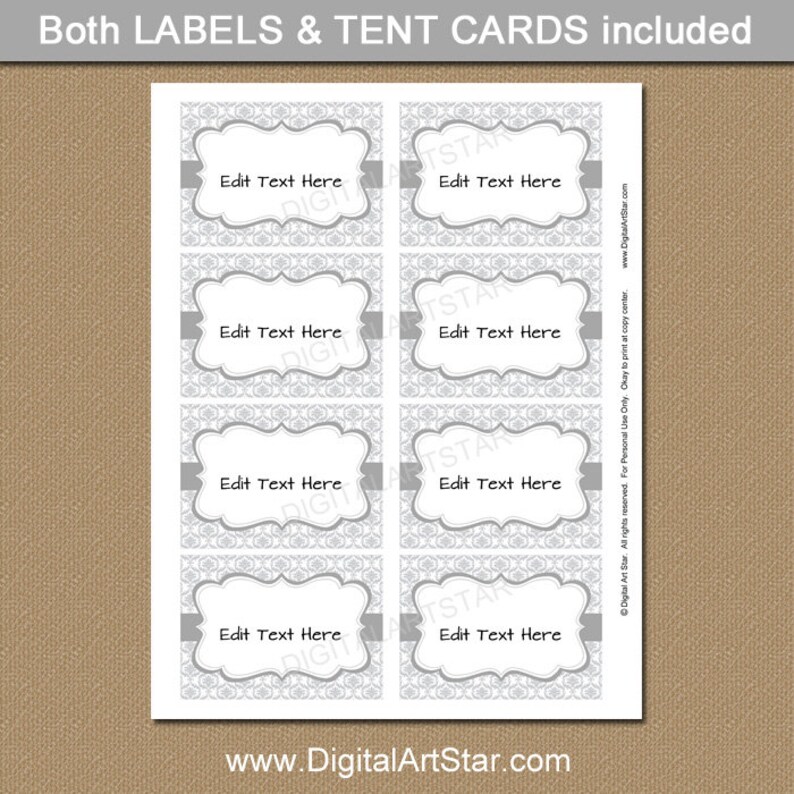 Silver Place Cards, Wedding Labels, Tent Cards, 25th Anniversary Printable Food Card, Food Tents, Candy Buffet Labels, Editable Template PDF image 2