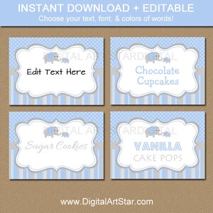 Elephant Buffet Labels Blue & Grey Elephant Buffet Cards Elephant Baby Shower Candy Buffet Labels EDITABLE Food Labels image 1