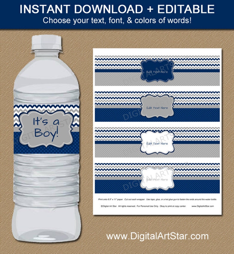 Baby Shower Water Labels Navy and Grey Chevron Boy Baby Shower Boy Birthday DIY EDITABLE Printable Water Labels Party Decorations image 1