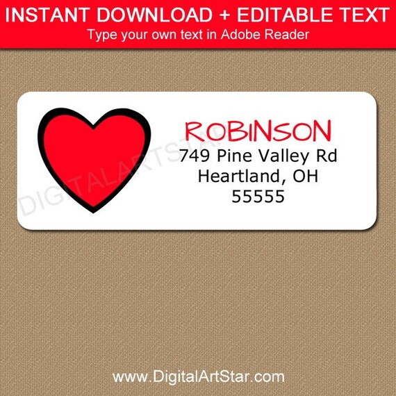Red and Black Heart Address Label Template, Return Address Labels Heart