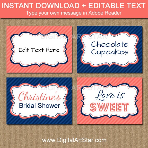Coral Navy Blue Printable Buffet Cards - Bridal Labels, Editable Baby Shower Food Labels, Birthday Candy Buffet Labels - INSTANT DOWNLOAD Il_570xn