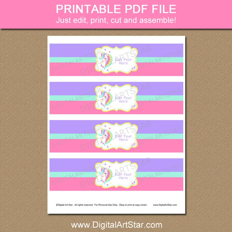 Unicorn Birthday Ideas Unicorn Label U1 Unicorn Water Bottle Labels Unicorn Decorations Unicorn Theme Party Pink and Purple Baby Shower