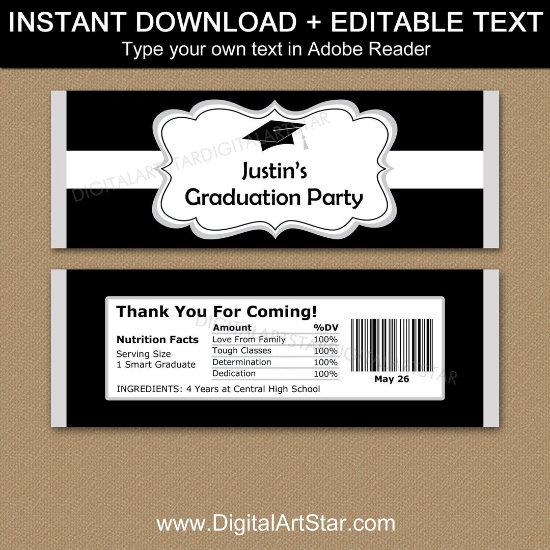 Graduation Candy Wrapper Printable, Black and White Graduation Favors ...