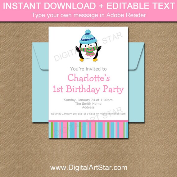 editable winter birthday invitation printable girl girl birthday invitation template
