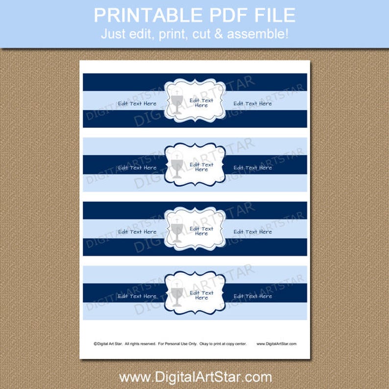 Boy First Holy Communion Party Decorations, Blue 1st Communion Water Bottle Labels Instant Download, PRINTABLE Water Bottle Stickers FC1 image 2