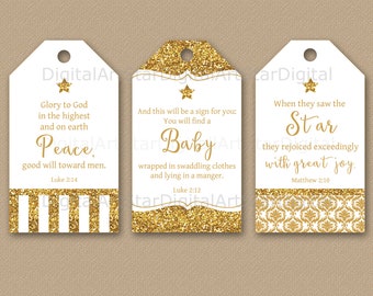 Gold Christmas Gift Tags, Printable Christian Christmas Gift Tags, Bible Verse Tags Instant Download, Glitter Christmas Favor Tags B4