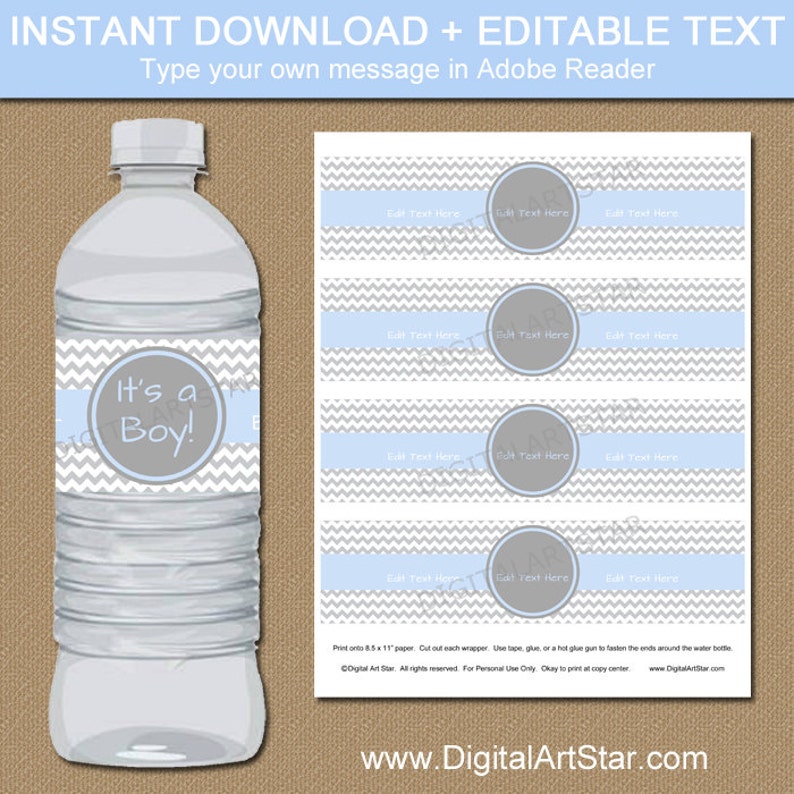 Boy Baby Shower Water Bottle Labels Instant Download Printable Boy Baby Shower Water Bottle Wraps Blue Grey Baby Shower Decorations BB1 image 1