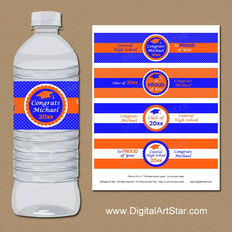 Water Bottle Labels Graduation PRINTABLE Orange and Royal Etsy