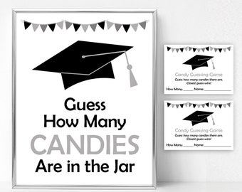 Graduation Party Game, Black and White Graduation Printable Game, Graduation Candy Guessing Game and Sign, Guess How Many Candies G7