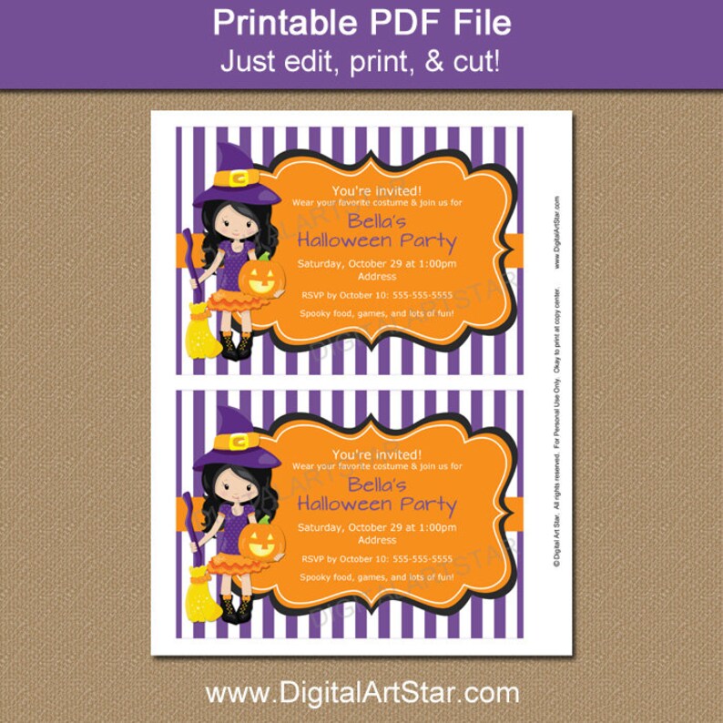 Witch Invitations Halloween Party Invitation Instant Download Purple Halloween Invitations Downloadable Halloween Invite for Kids WDS image 2