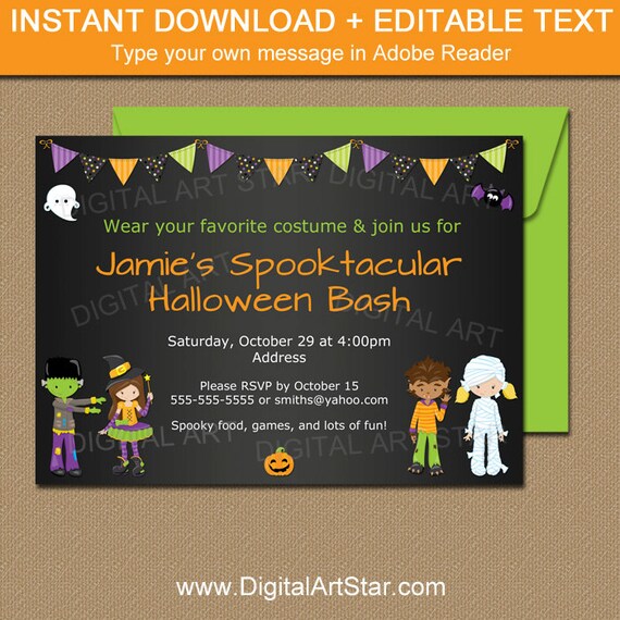 Kids Halloween Chalkboard Invitation - Kids Costume Party Invitation Printable Halloween Girl or Boy Halloween Birthday Invitation HCBK Il_570xn