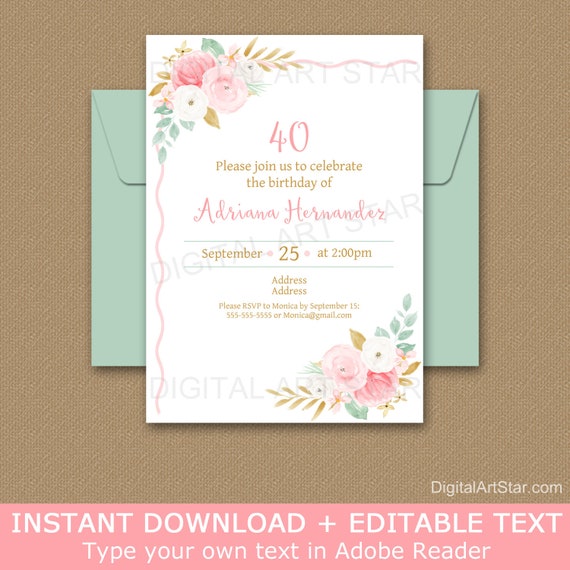 40th Birthday Invitation for Women, Floral Invitation Birthday ANY AGE, Editable Birthday Invitation Template, Printable Birthday Invite FL1 Il_570xn