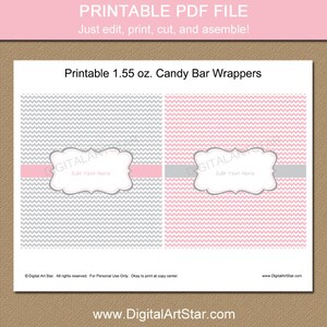 Baby Shower Candy Wrapper Template, PRINTABLE Chocolate Wrappers, Pink and Gray Bridal Shower Candy Bar Wrappers, Birthday Labels BB1 image 2