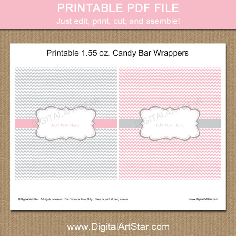 Baby Shower Candy Wrapper Template, PRINTABLE Chocolate Wrappers, Pink and Gray Bridal Shower Candy Bar Wrappers, Birthday Labels BB1 image 2