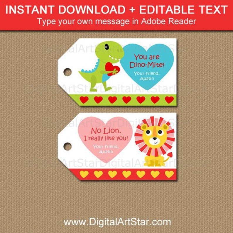 Classroom Valentine Tags Printable, Editable Valentine Tags, Kids Valentines Day Stickers, Dinosaur Valentine Tags, Lion Valentine Tags image 1
