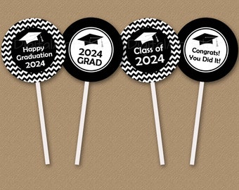 Graduation Cupcake Toppers Printable, Class of 2024 Graduation Decorations, Black and White Graduation Party Decorations, Cupcake Picks G3