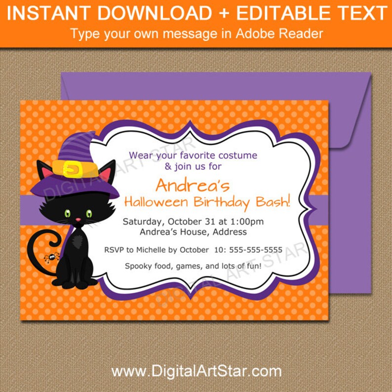 Cute Halloween Invitation Printable, Kids Halloween Party Invitation, Kids Birthday Halloween Invites, Girl Birthday Invitation Template image 1