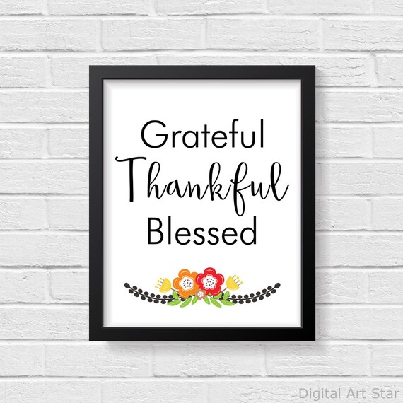 Black and White Art Print for Fall Decorations, Black and White Wall Art Flowers, Grateful Thankful Blessed Wall Sign, Printable Art Il_570xn