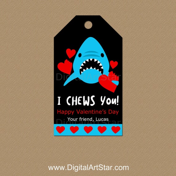 Shark Valentine Tags Personalized, Valentines Day Hang Tags, I Chews You Valentine Printable, Boy Valentine's Day Tags, Gift Tag Template Il_570xn