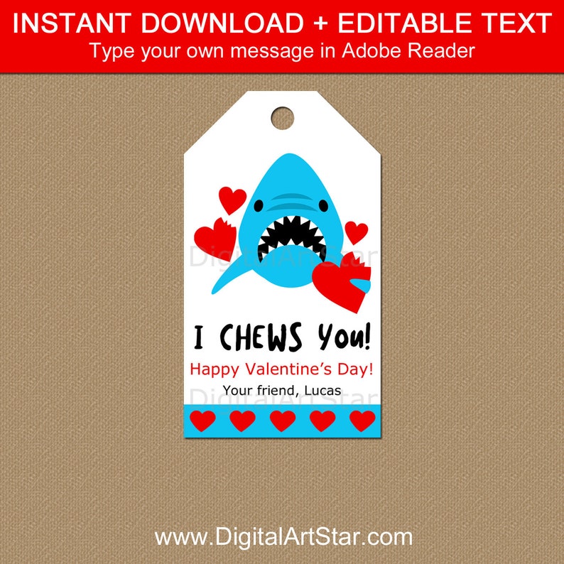 Shark Valentine Printable Tags, Valentine's Day Tags for Boys, Valentine Hang Tag, Valentine Gift Tags for Kids, Favor Tag Template Download image 1