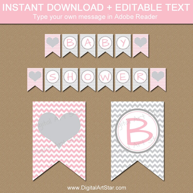 Baby Banner Pink And Gray Shower Decorations Printable Editable Grey Digital Bb1