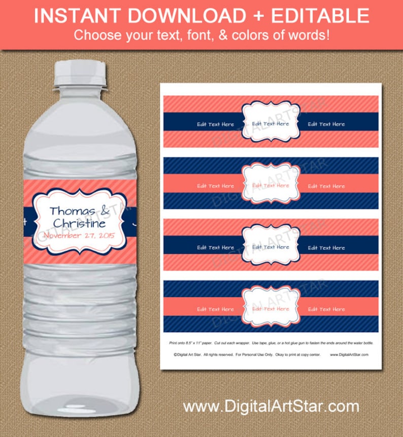 Coral and Navy Water Bottle Labels Navy and Coral Drink Wrappers Printable EDITABLE Template Bridal Shower, Birthday, Wedding Labels image 1