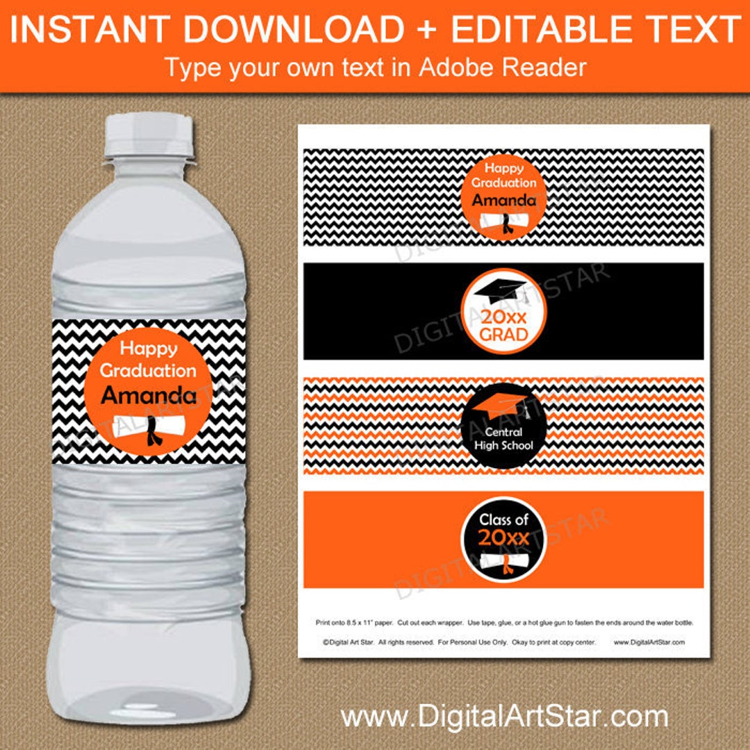 Printable Graduation Water Bottle Labels, Orange and Black Graduation