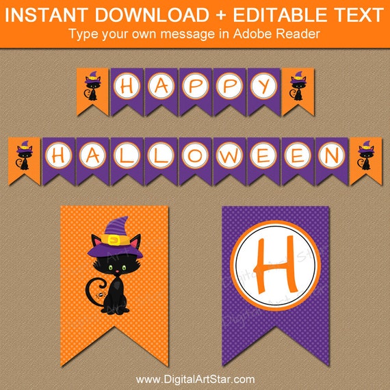 Printable Halloween Banner, Kids Halloween Party Decorations, Purple Halloween Banner Birthday, Girl Halloween Ideas, Halloween Cat Decor Il_570xn