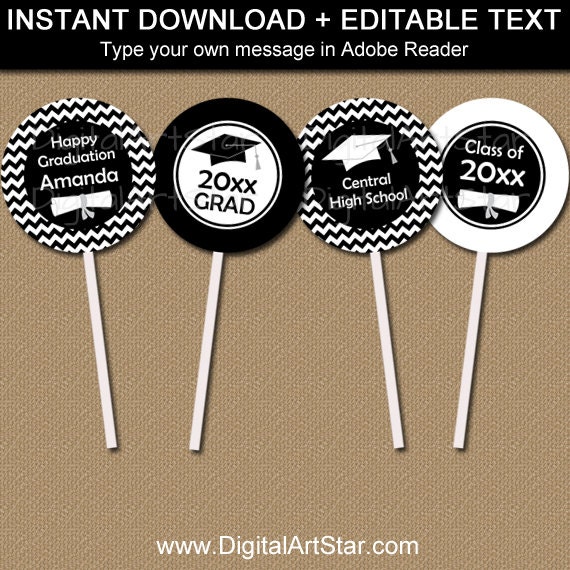 Black and White Graduation Cupcake Toppers, Graduation Cupcake Picks, Graduation Party Ideas DIY, Graduation Party Supply, DIY Grad Party G3 Il_570xn