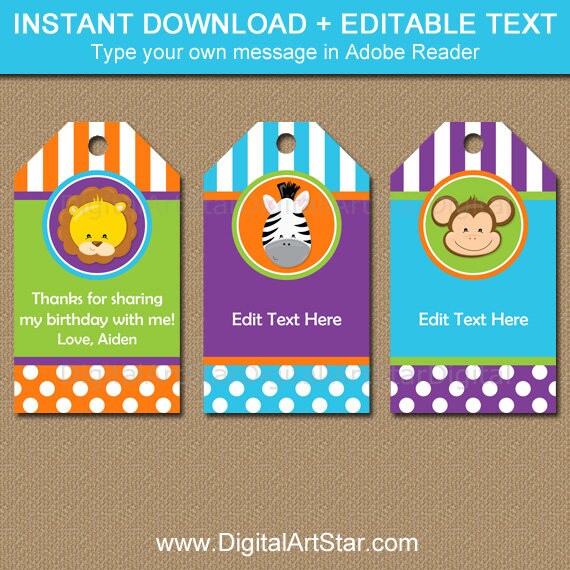 Jungle Birthday Tags, Jungle Baby Shower Tags, Jungle Theme Birthday, Printable Tags, Thank You ...