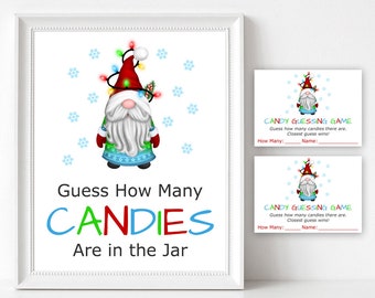 Christmas Candy Guessing Game Printable, Guess How Many Candies, Christmas Candy Game, Candy Guess Game Cards, Christmas Gnome Printables