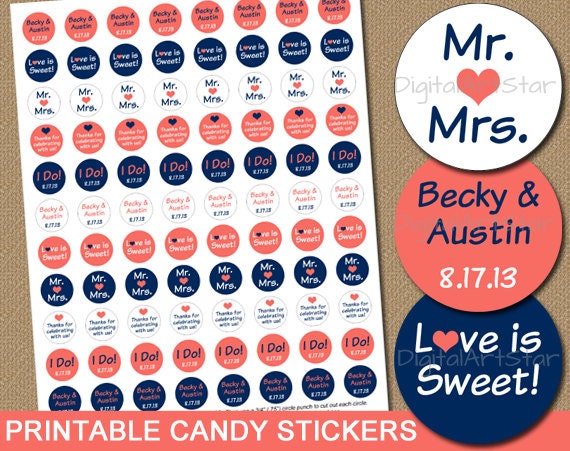 Personalized Wedding Party Favors - PRINTABLE Candy Stickers - Chocolate Favors Wedding - Coral Navy Wedding Thank You Favors - Candy Labels Il_570xn