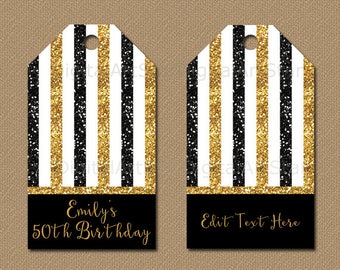 50th Anniversary Tags, 50th Hang Tags, 50th Birthday Thank You Tags Download, EDITABLE Tags, Black and Gold Glitter Party Favor Tags B4