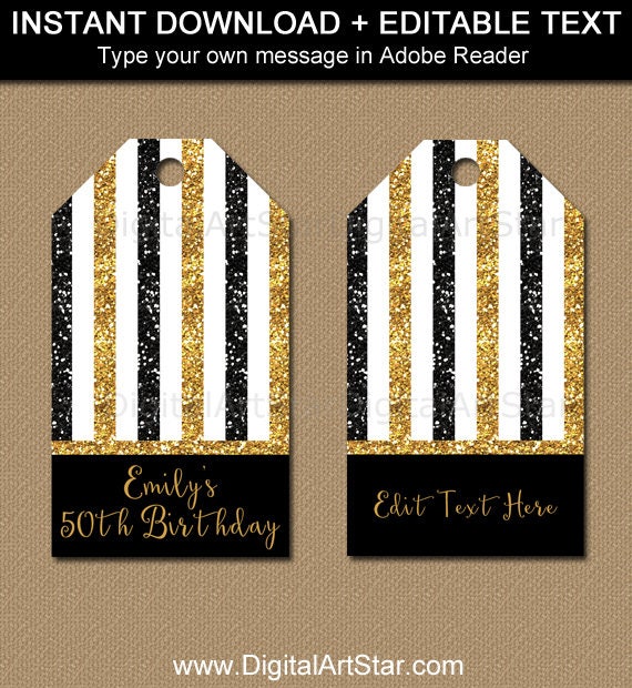 50th Anniversary Tags, 50th Hang Tags, 50th Birthday Thank You Tags Download, EDITABLE Tags, Black and Gold Glitter Party Favor Tags B4 Il_570xn