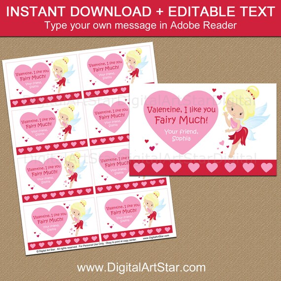 Printable Valentine Cards for Kids, Fairy Valentine Cards for Girls, Valentines Day Cards for School, Valentine Card Template Download Il_570xn