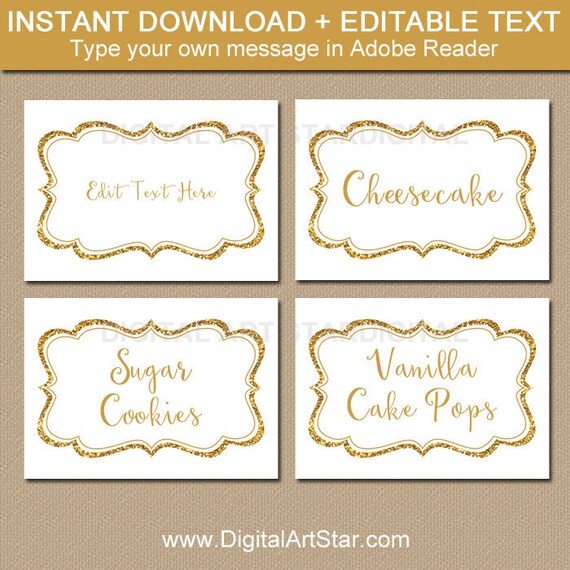 Gold Wedding Place Card Sticker, Printable Candy Buffet Label, Food