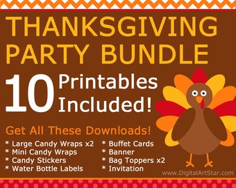 Thanksgiving Party Printables, Thanksgiving Party Supplies, Party Favors Instant Download, Party Decor, Party Pack, Turkey Party Bundle T1
